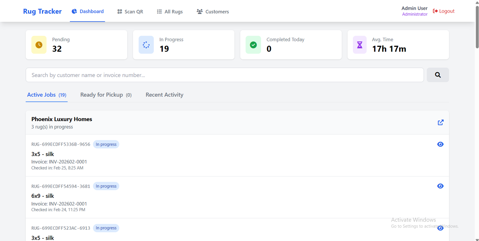Rugs Tracker Inventory Management Interface